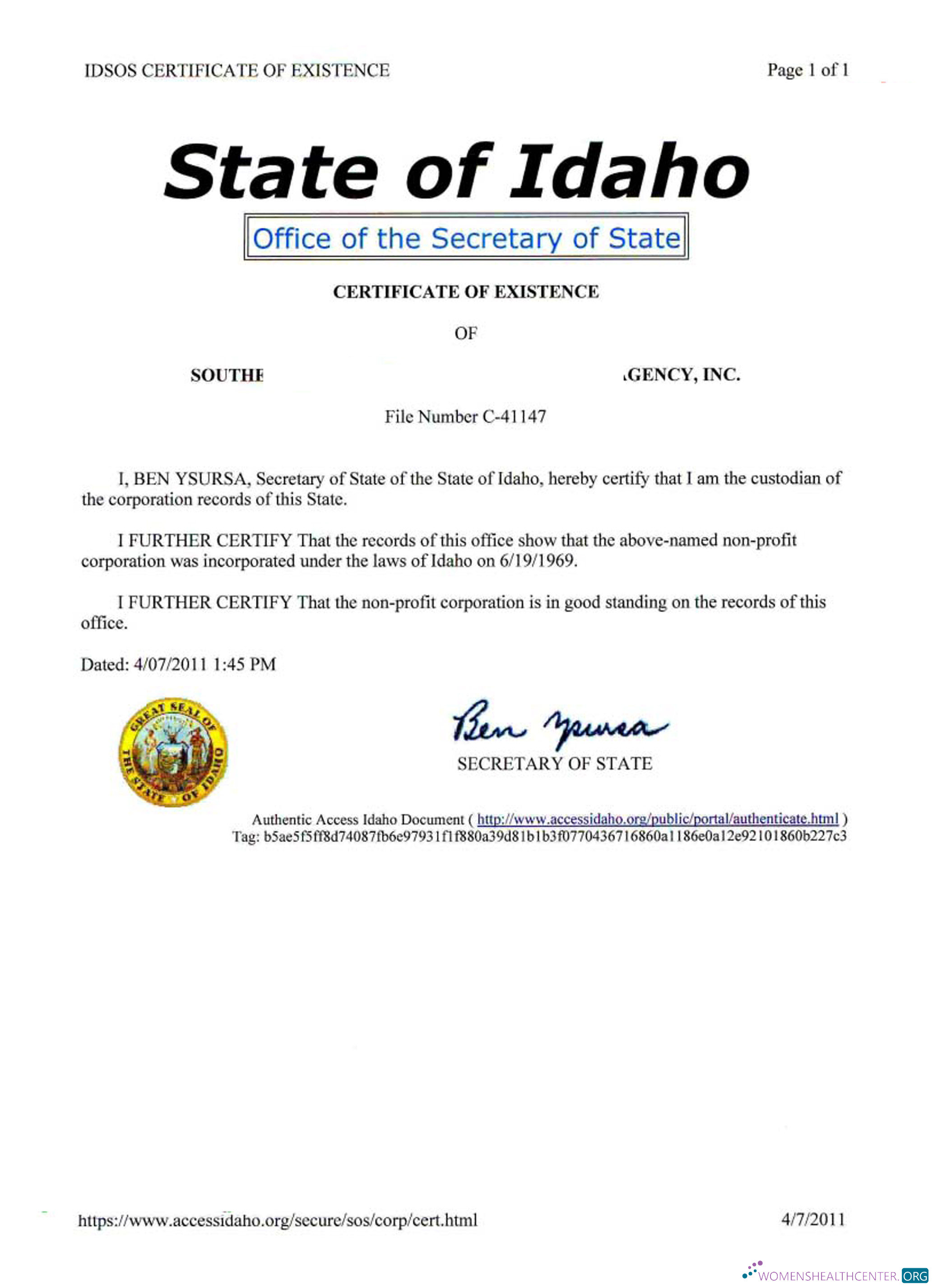 Download USA Idaho certificate of good standing Photoshop template